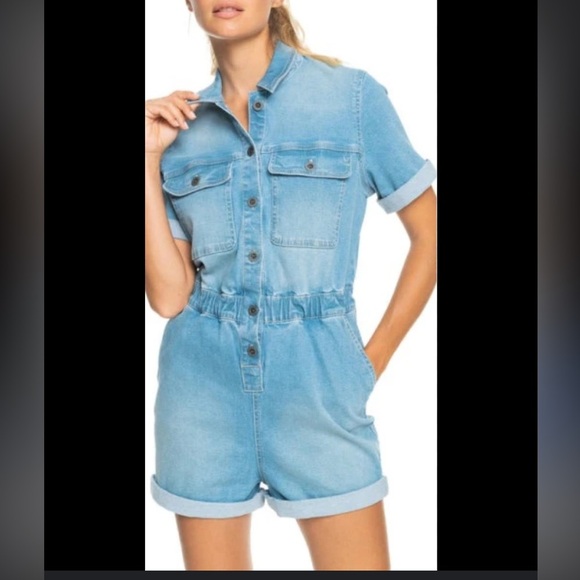 Roxy Denim Romper Left Behind Blue Women Large - Picture 2 of 10